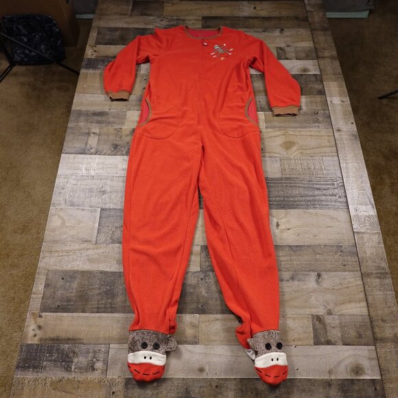 Nick and Nora sock monkey red fleece jumpsuit sleeper pajama adult medium - Picture 1 of 14